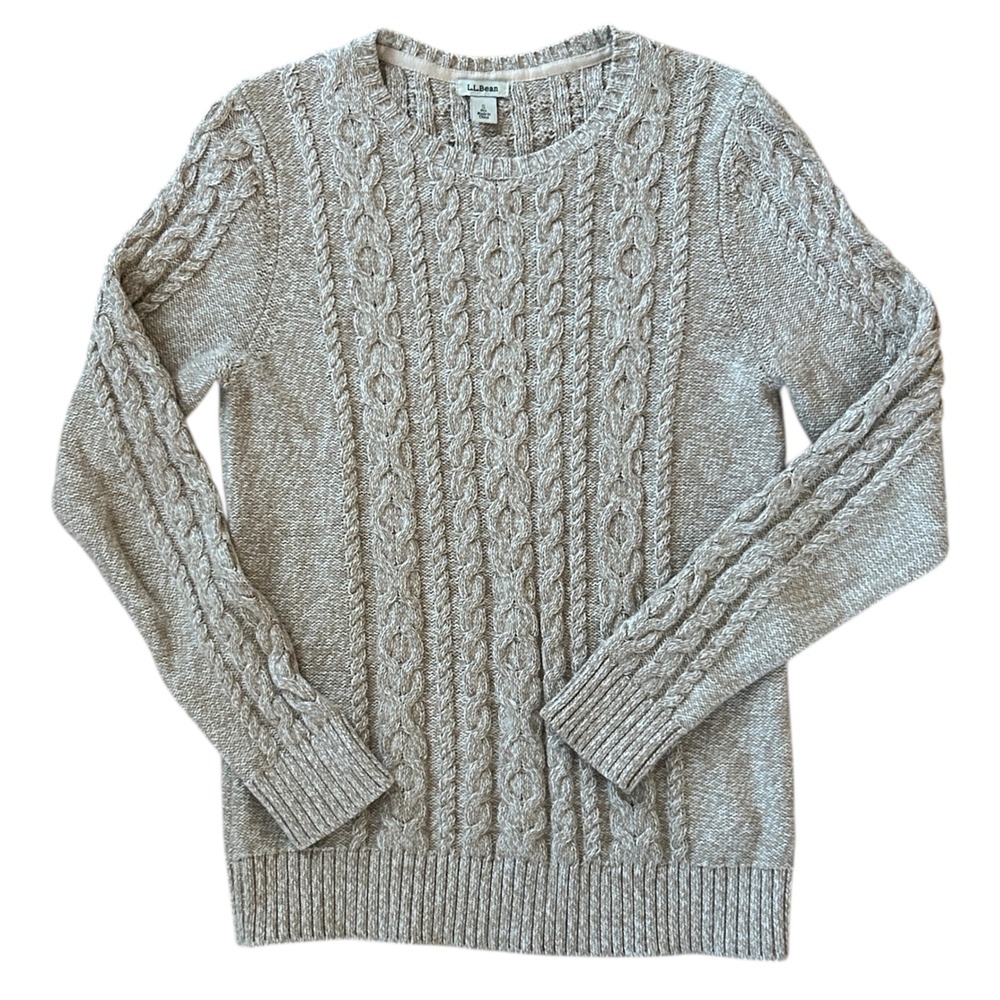 LL Bean Cotton Women's Cable Knit Fisherman Grandpa Sweater Beige Cabincore S